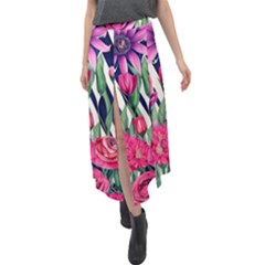 Classy Botanicals – Watercolor Flowers Botanical Velour Split Maxi Skirt by GardenOfOphir