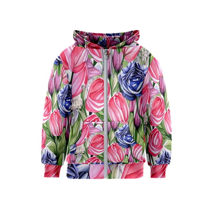 Charming Foliage – Watercolor Flowers Botanical Kids  Zipper Hoodie