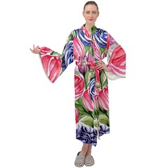 Charming Foliage – Watercolor Flowers Botanical Maxi Velvet Kimono by GardenOfOphir