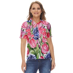 Charming Foliage – Watercolor Flowers Botanical Women s Short Sleeve Double Pocket Shirt