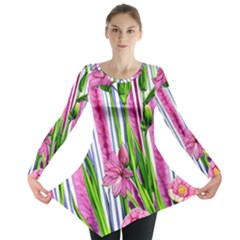 Cherished Blooms – Watercolor Flowers Botanical Long Sleeve Tunic  by GardenOfOphir