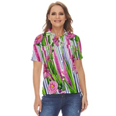 Cherished Blooms – Watercolor Flowers Botanical Women s Short Sleeve Double Pocket Shirt