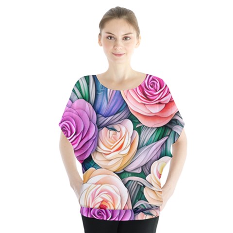 County Charm – Watercolor Flowers Botanical Batwing Chiffon Blouse by GardenOfOphir