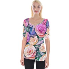 County Charm – Watercolor Flowers Botanical Wide Neckline Tee