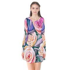 County Charm – Watercolor Flowers Botanical Long Sleeve V-neck Flare Dress