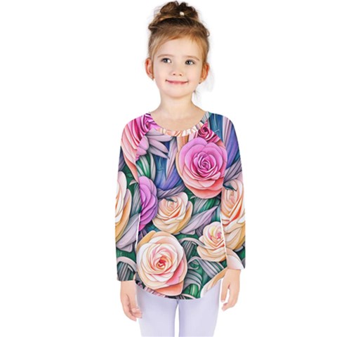 County Charm – Watercolor Flowers Botanical Kids  Long Sleeve Tee by GardenOfOphir