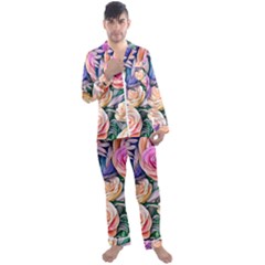 County Charm – Watercolor Flowers Botanical Men s Long Sleeve Satin Pajamas Set by GardenOfOphir