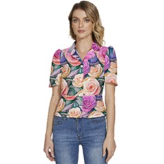 County Charm – Watercolor Flowers Botanical Puffed Short Sleeve Button Up Jacket