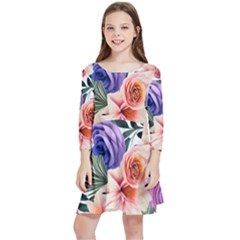 Country-chic Watercolor Flowers Kids  Quarter Sleeve Skater Dress