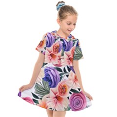 Country-chic Watercolor Flowers Kids  Short Sleeve Shirt Dress by GardenOfOphir