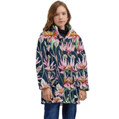 Choice And Creative Watercolor Flowers Kid s Hooded Longline Puffer Jacket by GardenOfOphir