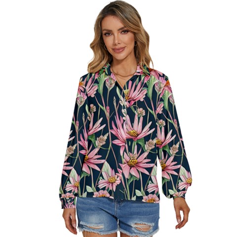 Choice And Creative Watercolor Flowers Women s Long Sleeve Button Down Shirt by GardenOfOphir