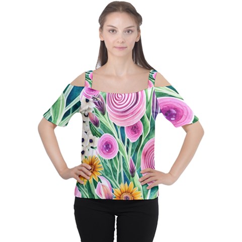 Cheerful And Captivating Watercolor Flowers Cutout Shoulder Tee by GardenOfOphir