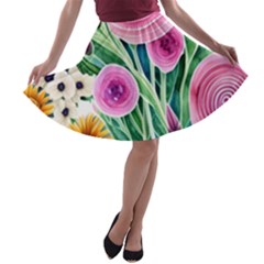 Cheerful And Captivating Watercolor Flowers A-line Skater Skirt by GardenOfOphir