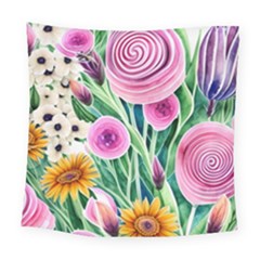 Cheerful And Captivating Watercolor Flowers Square Tapestry (large) by GardenOfOphir