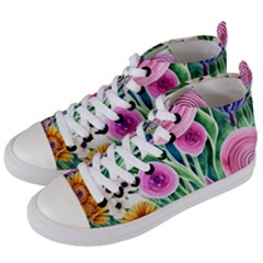 Cheerful And Captivating Watercolor Flowers Women s Mid-top Canvas Sneakers by GardenOfOphir