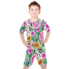 Cheerful And Captivating Watercolor Flowers Kids  Tee And Shorts Set by GardenOfOphir