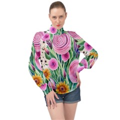 Cheerful And Captivating Watercolor Flowers High Neck Long Sleeve Chiffon Top by GardenOfOphir
