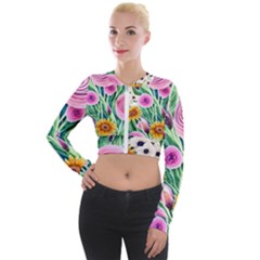 Cheerful And Captivating Watercolor Flowers Long Sleeve Cropped Velvet Jacket by GardenOfOphir