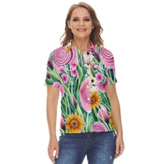 Cheerful And Captivating Watercolor Flowers Women s Short Sleeve Double Pocket Shirt