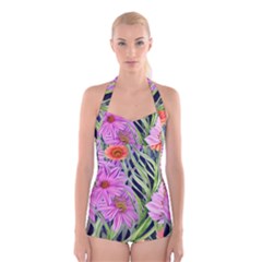 Cheerful Watercolors – Flowers Botanical Boyleg Halter Swimsuit 