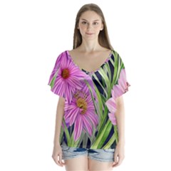 Cheerful Watercolors – Flowers Botanical V-neck Flutter Sleeve Top by GardenOfOphir