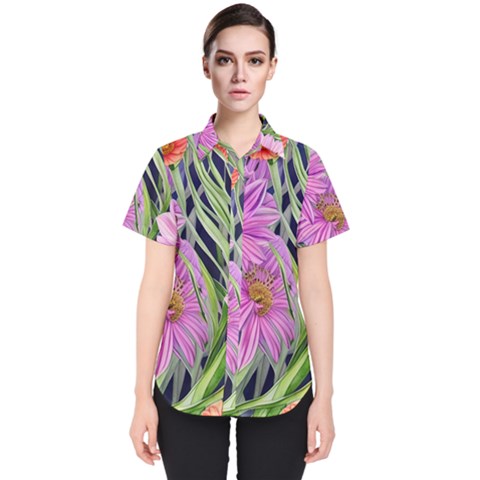 Cheerful Watercolors – Flowers Botanical Women s Short Sleeve Shirt by GardenOfOphir