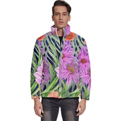 Cheerful Watercolors – Flowers Botanical Men s Puffer Bubble Jacket Coat by GardenOfOphir