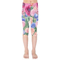 Cheerful Watercolor Flowers Kids  Capri Leggings 