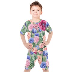Cheerful Watercolor Flowers Kids  Tee And Shorts Set by GardenOfOphir