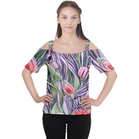 Charming Watercolor Flowers Cutout Shoulder Tee by GardenOfOphir