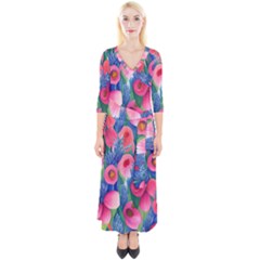 Celestial Watercolor Flowers Quarter Sleeve Wrap Maxi Dress