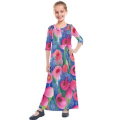 Celestial Watercolor Flowers Kids  Quarter Sleeve Maxi Dress by GardenOfOphir