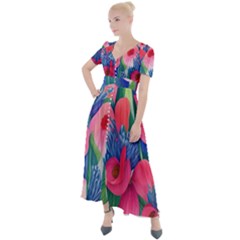 Celestial Watercolor Flowers Button Up Short Sleeve Maxi Dress by GardenOfOphir