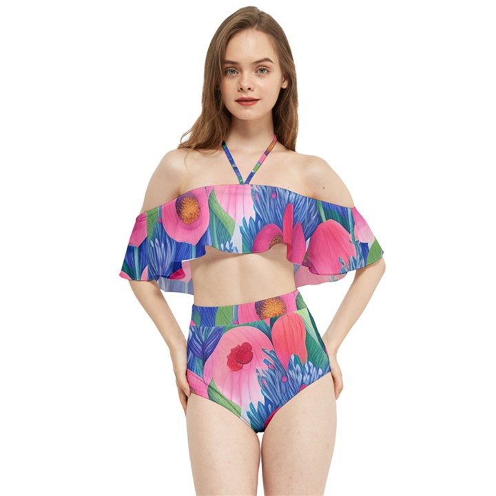 Celestial Watercolor Flowers Halter Flowy Bikini Set 