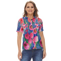 Celestial Watercolor Flowers Women s Short Sleeve Double Pocket Shirt