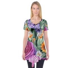 Captivating Watercolor Flowers Short Sleeve Tunic  by GardenOfOphir