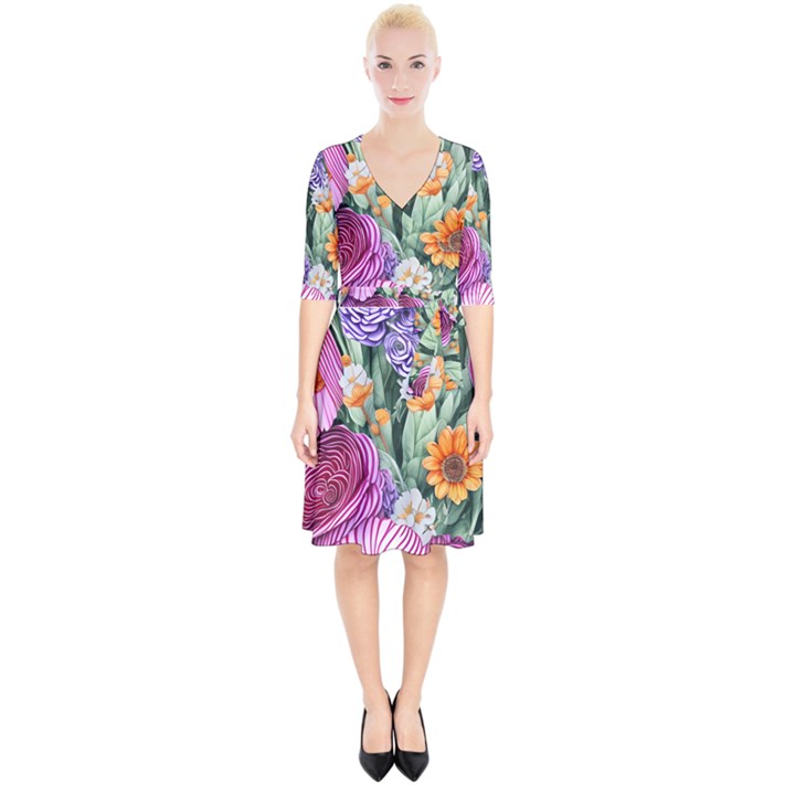 Captivating Watercolor Flowers Wrap Up Cocktail Dress