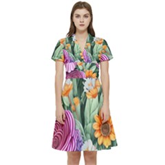 Captivating Watercolor Flowers Short Sleeve Waist Detail Dress