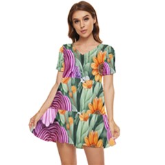 Captivating Watercolor Flowers Tiered Short Sleeve Babydoll Dress