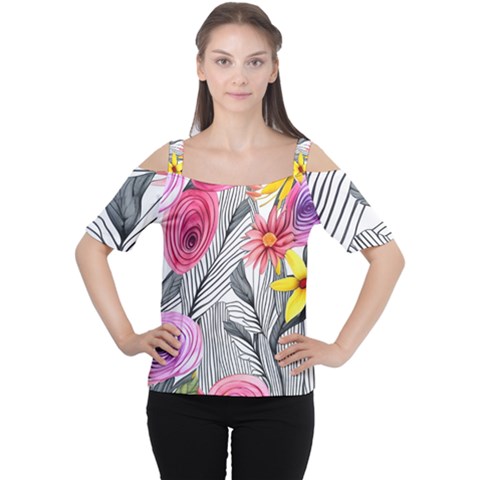 Darling And Dazzling Watercolor Flowers Cutout Shoulder Tee by GardenOfOphir