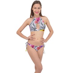 Darling And Dazzling Watercolor Flowers Cross Front Halter Bikini Set by GardenOfOphir