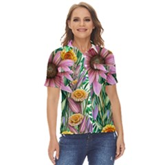 Watercolor Flowers Botanical Foliage Women s Short Sleeve Double Pocket Shirt