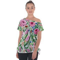 Different Watercolor Flowers Botanical Foliage Off Shoulder Tie-up Tee