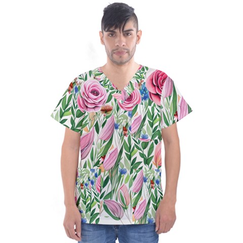 Different Watercolor Flowers Botanical Foliage Men s V-neck Scrub Top by GardenOfOphir