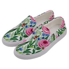 Different Watercolor Flowers Botanical Foliage Men s Canvas Slip Ons by GardenOfOphir