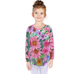 Enchanted Watercolor Flowers Botanical Foliage Kids  Long Sleeve Tee