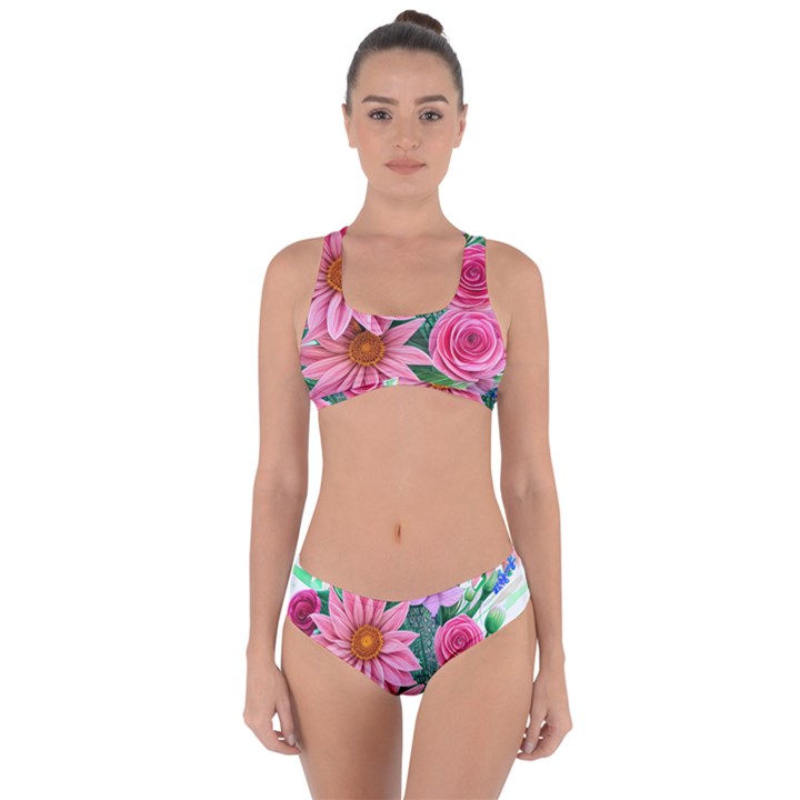 Enchanted Watercolor Flowers Botanical Foliage Criss Cross Bikini Set