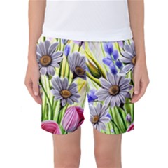 Expressive Watercolor Flowers Botanical Foliage Women s Basketball Shorts by GardenOfOphir