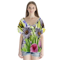 Expressive Watercolor Flowers Botanical Foliage V-Neck Flutter Sleeve Top